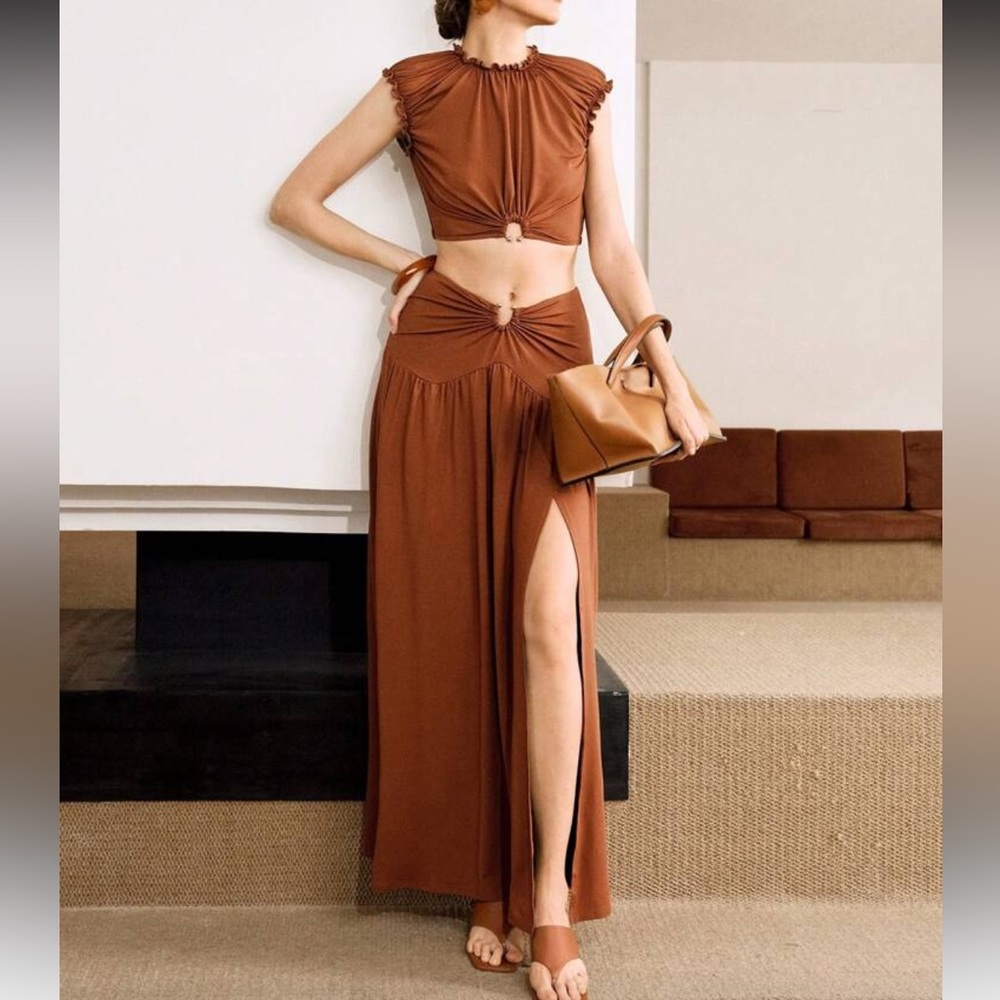 Rust brown stretchy 2 piece matching SET maxi skirt & top set, stretchy - Picture 2 of 7